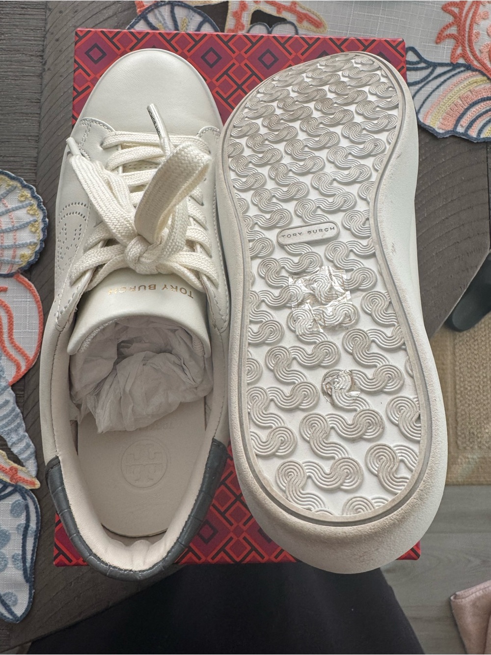 Tory Burch White Perforated Logo Leather Sneaker with Silver Heel Accent - Picture 7 of 7
